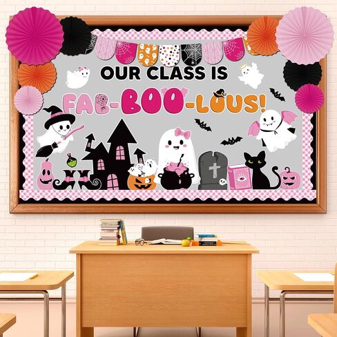 Pasimy 3D Halloween Bulletin Board Decorations Set Horror Classroom Door Decor DIY Paper Fans Spooky Ghost Witch Pumpkin Cutouts Craft Trick or Treat Borders for School Office Wall Supplies (Cute) in Saudi Arabia