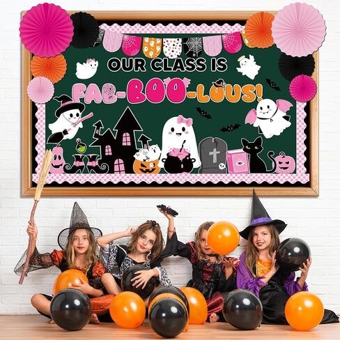 Pasimy 3D Halloween Bulletin Board Decorations Set Horror Classroom Door Decor DIY Paper Fans Spooky Ghost Witch Pumpkin Cutouts Craft Trick or Treat Borders for School Office Wall Supplies (Cute) in Saudi Arabia
