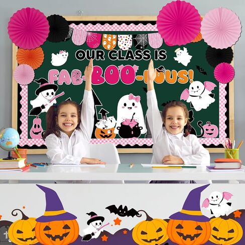 Pasimy 3D Halloween Bulletin Board Decorations Set Horror Classroom Door Decor DIY Paper Fans Spooky Ghost Witch Pumpkin Cutouts Craft Trick or Treat Borders for School Office Wall Supplies (Cute) in Saudi Arabia