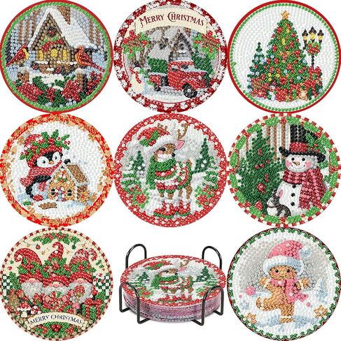 8 Pack Christmas Diamond Art Coaster Kit, Gingerbread Man Penguin SnowmanAdult Diamond Painting Coaster Kit,5D DIY Full Drill Diamond Dot （with Holder） 4x4 Inch in Kuwait