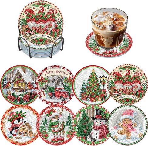 8 Pack Christmas Diamond Art Coaster Kit, Gingerbread Man Penguin SnowmanAdult Diamond Painting Coaster Kit,5D DIY Full Drill Diamond Dot （with Holder） 4x4 Inch in Kuwait