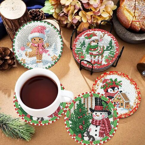 8 Pack Christmas Diamond Art Coaster Kit, Gingerbread Man Penguin SnowmanAdult Diamond Painting Coaster Kit,5D DIY Full Drill Diamond Dot （with Holder） 4x4 Inch in Kuwait