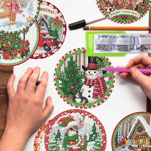 8 Pack Christmas Diamond Art Coaster Kit, Gingerbread Man Penguin SnowmanAdult Diamond Painting Coaster Kit,5D DIY Full Drill Diamond Dot （with Holder） 4x4 Inch in Kuwait