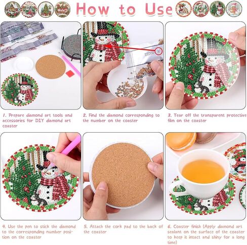 8 Pack Christmas Diamond Art Coaster Kit, Gingerbread Man Penguin SnowmanAdult Diamond Painting Coaster Kit,5D DIY Full Drill Diamond Dot （with Holder） 4x4 Inch in Kuwait