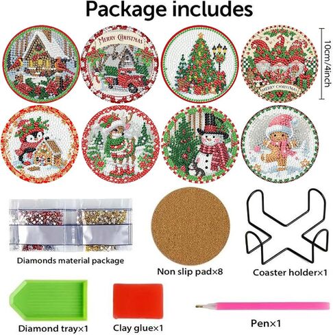 8 Pack Christmas Diamond Art Coaster Kit, Gingerbread Man Penguin SnowmanAdult Diamond Painting Coaster Kit,5D DIY Full Drill Diamond Dot （with Holder） 4x4 Inch in Kuwait
