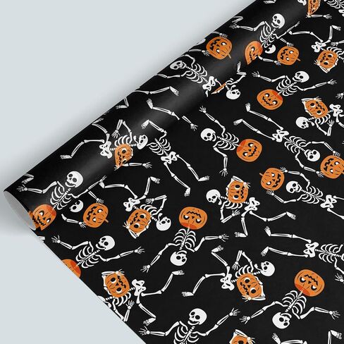 Whaline Halloween Wrapp Paper -Mini Roll- 17 Inch × 32.8 قدمًا من الهيكل العظمي الأسود العظمي. in Saudi Arabia