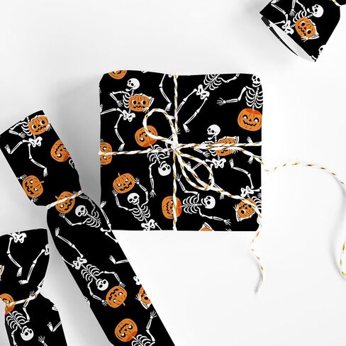 Whaline Halloween Wrapp Paper -Mini Roll- 17 Inch × 32.8 قدمًا من الهيكل العظمي الأسود العظمي. in Saudi Arabia