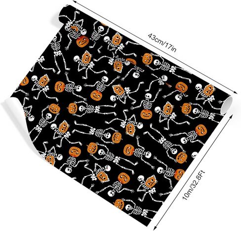 Whaline Halloween Wrapp Paper -Mini Roll- 17 Inch × 32.8 قدمًا من الهيكل العظمي الأسود العظمي. in Saudi Arabia