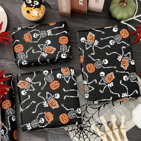 Whaline Halloween Wrapp Paper -Mini Roll- 17 Inch × 32.8 قدمًا من الهيكل العظمي الأسود العظمي. in Saudi Arabia