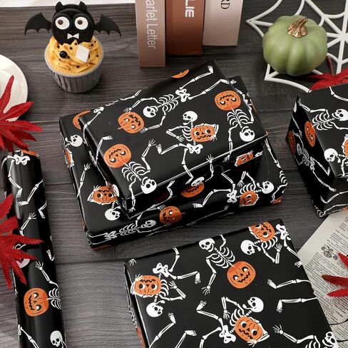 Whaline Halloween Wrapp Paper -Mini Roll- 17 Inch × 32.8 قدمًا من الهيكل العظمي الأسود العظمي. in Saudi Arabia