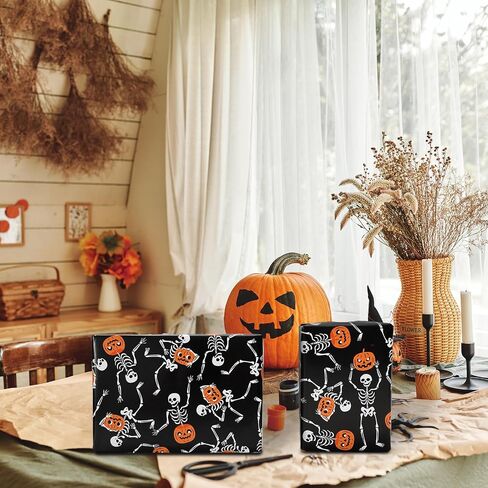 Whaline Halloween Wrapp Paper -Mini Roll- 17 Inch × 32.8 قدمًا من الهيكل العظمي الأسود العظمي. in Saudi Arabia