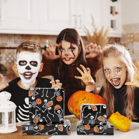 Whaline Halloween Wrapp Paper -Mini Roll- 17 Inch × 32.8 قدمًا من الهيكل العظمي الأسود العظمي. in Saudi Arabia