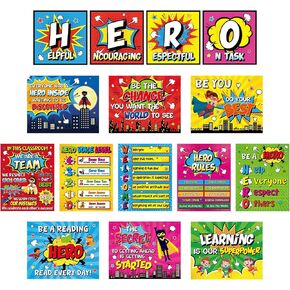 GISGFIM 15PCS HERO موضوع الفصول الدراسية ، لوحة إعلانات ، مجموعة من الملصقات ذات الطابع الفائق ذات الطابع ، لافتة إيجابية أقوال الأبطال الملهمة للفصول الدراسية في مرحلة ما قبل المدرسة الابتدائية. in Kuwait