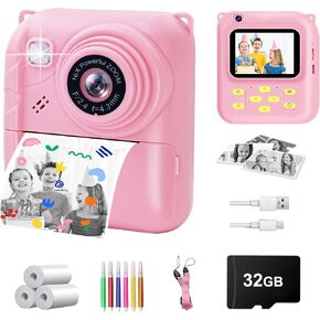 Instant Print Camera for Kids, 1080P Video Camera with 3 Print Rolls, 32GB Card & Cute Cover, Gift for Girls Boys Age 3-12, Toddler Digital Camera with Games, Filters, Music – Green in Saudi Arabia
