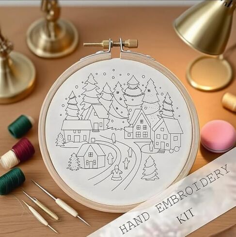 Christmas Embroidery Set, 7.9 x 7.9 inches, with Pattern, Cotton Thread, Thread, Needle, and Instruction Manual, DIY Cross Embroidery Set for Beginners (4Pcs B) in Saudi Arabia