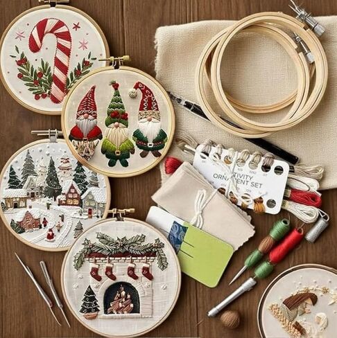 Christmas Embroidery Set, 7.9 x 7.9 inches, with Pattern, Cotton Thread, Thread, Needle, and Instruction Manual, DIY Cross Embroidery Set for Beginners (4Pcs B) in Saudi Arabia