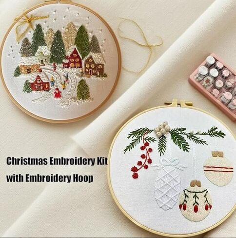 Christmas Embroidery Set, 7.9 x 7.9 inches, with Pattern, Cotton Thread, Thread, Needle, and Instruction Manual, DIY Cross Embroidery Set for Beginners (4Pcs B) in Saudi Arabia