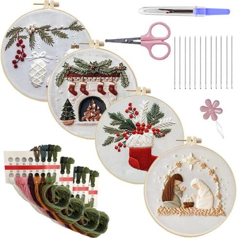 Christmas Embroidery Set, 7.9 x 7.9 inches, with Pattern, Cotton Thread, Thread, Needle, and Instruction Manual, DIY Cross Embroidery Set for Beginners (4Pcs B) in Saudi Arabia