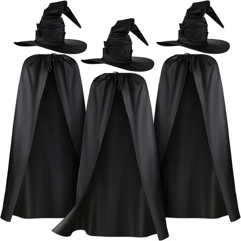 Coume 3 Sets Halloween Witch Costume for Women Black Large Ruched Witch Hat and Wizard Cloak Cape Women Costume Accessories for Halloween Cosplay Carnival Party in Saudi Arabia