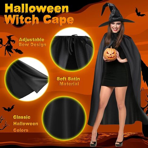 Coume 3 Sets Halloween Witch Costume for Women Black Large Ruched Witch Hat and Wizard Cloak Cape Women Costume Accessories for Halloween Cosplay Carnival Party in Saudi Arabia