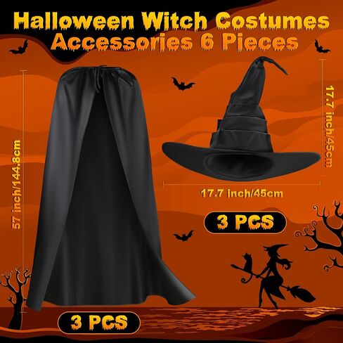 Coume 3 Sets Halloween Witch Costume for Women Black Large Ruched Witch Hat and Wizard Cloak Cape Women Costume Accessories for Halloween Cosplay Carnival Party in Saudi Arabia