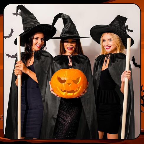 Coume 3 Sets Halloween Witch Costume for Women Black Large Ruched Witch Hat and Wizard Cloak Cape Women Costume Accessories for Halloween Cosplay Carnival Party in Saudi Arabia