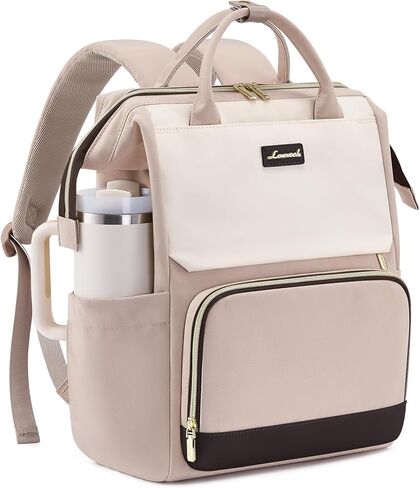 LOVEVOOK Laptop Backpack for Women with Giant Tumbler Holder Pocket, 15.6 inch Travel Work Bag Purse for Nurse Teacher, Waterproof Casual Daypack for College Business Beige in Saudi Arabia