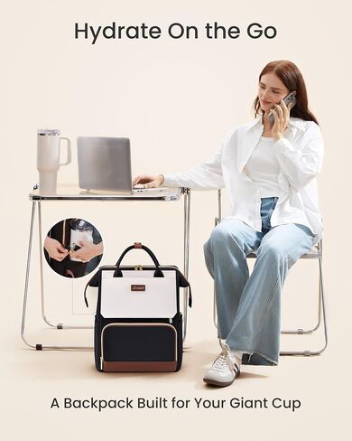 LOVEVOOK Laptop Backpack for Women with Giant Tumbler Holder Pocket, 15.6 inch Travel Work Bag Purse for Nurse Teacher, Waterproof Casual Daypack for College Business Beige in Saudi Arabia