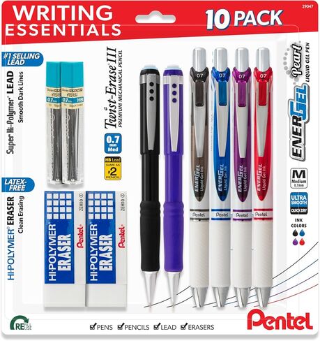 Pentel Writing Essentials 10 Pack-4 أقلام Energel Gel ، 2 Pencils Mechanical Pencils III III 0.7mm ، و 2 Hi-Polymer Clock ، و 2 Hi-Polymer Lead 0.7 مم HB in Saudi Arabia