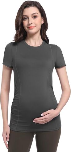 Foucome ملابس علوية للتمرين للأمهات بأكمام قصيرة مكشكشة جانبية تي شيرت للحمل ملابس رياضية غير رسمية لليوجا والصالة الرياضية قطع علوية أساسية in Kuwait