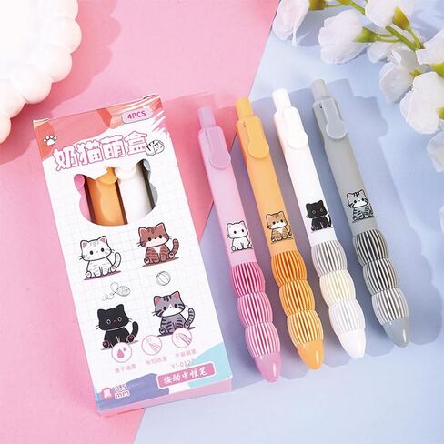 4 Pcs Cute Gel Pens Retractable Pens Cartoon Cat Pen 0.5mm Black Ink Smooth Writing Pen for Women Girls Boy Kids Office School Supplies (Cat) in Saudi Arabia