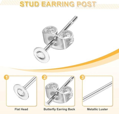 uxcell 100Pcs Stud Earring Posts, 12mm Stainless Steel Flat Pad Ear Pin with Butterfly Earring Backs for Jewelry DIY Making Findings, Silver in Saudi Arabia