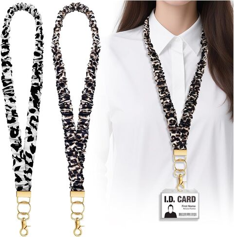 2Pcs Scrunchie Lanyard for ID Badges Keys Badge Holder Retractable Keychain Lanyards for Keys Black Dark Coffee Color Stretchy Lanyard Teacher Nurse Gifts Cute Functional for Work in Saudi Arabia