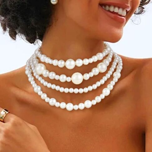 قلادات TWINKLEDE ذات طبقات من اللؤلؤ باللون الأبيض من العشرينيات من القرن العشرين قلادة قصيرة مكتنزة للنساء in Kuwait