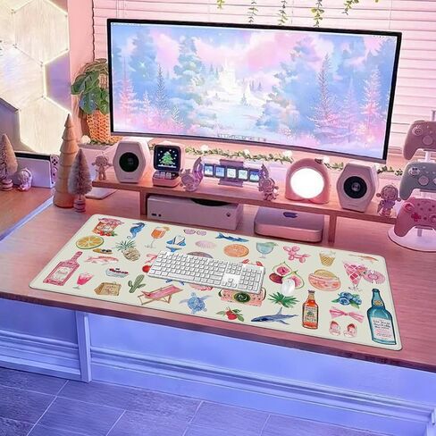 Baziabbo Pink Desk Mat,XXL Extended Large Mouse Pad,Gaming Mousepad with Stitched Edge,Non-Slip Rubber Base Keyboard Desk Pad for Home Office Study Game (Pink Stickers) in Saudi Arabia