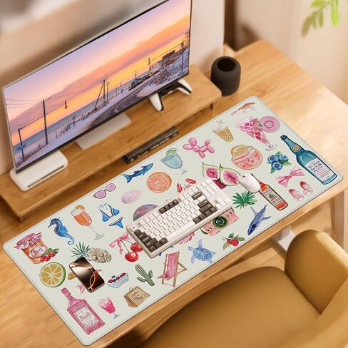 Baziabbo Pink Desk Mat,XXL Extended Large Mouse Pad,Gaming Mousepad with Stitched Edge,Non-Slip Rubber Base Keyboard Desk Pad for Home Office Study Game (Pink Stickers) in Saudi Arabia