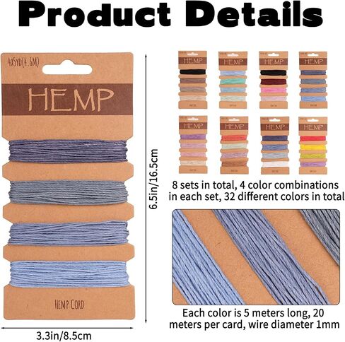 32 Colors Hemp Cord for Jewelry Making, Natural Hemp Cord 1 mm, Bracelet Making Kit String Multi-Color Twine String for Handmade Bracelets Keychains Craft Making Accessories (8 Sets) in Kuwait
