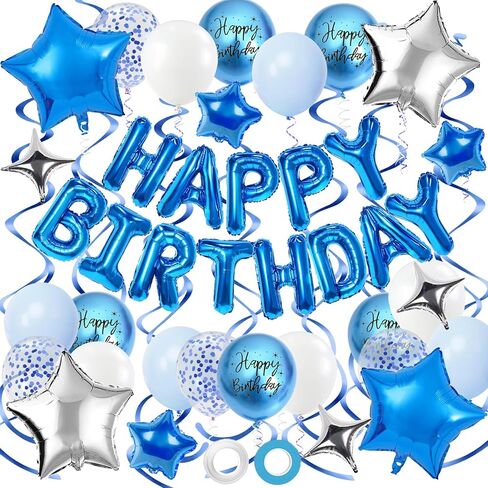 Black and Silver Birthday Decorations, 3D Foil Black Happy Birthday Balloons Banner with Star Balloons, Confetti Balloon, Hanging Swirls, for Boys Girls Men Women Party Decorations in Saudi Arabia