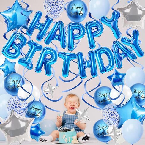 Black and Silver Birthday Decorations, 3D Foil Black Happy Birthday Balloons Banner with Star Balloons, Confetti Balloon, Hanging Swirls, for Boys Girls Men Women Party Decorations in Saudi Arabia