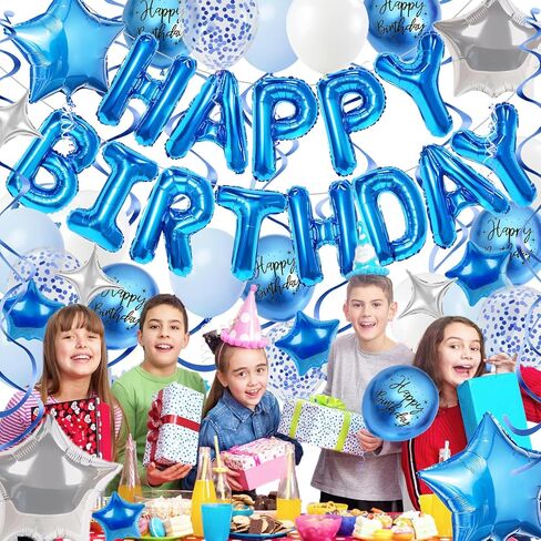 Black and Silver Birthday Decorations, 3D Foil Black Happy Birthday Balloons Banner with Star Balloons, Confetti Balloon, Hanging Swirls, for Boys Girls Men Women Party Decorations in Saudi Arabia