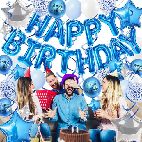 Black and Silver Birthday Decorations, 3D Foil Black Happy Birthday Balloons Banner with Star Balloons, Confetti Balloon, Hanging Swirls, for Boys Girls Men Women Party Decorations in Saudi Arabia
