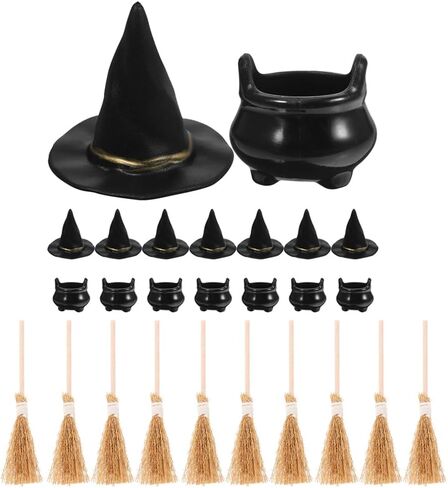 Luozzy 30 PCS Halloween Mini Witch Hats Broom and Mini Cauldron Clotles et alwoween miniature witches taxtory for crafts in Saudi Arabia