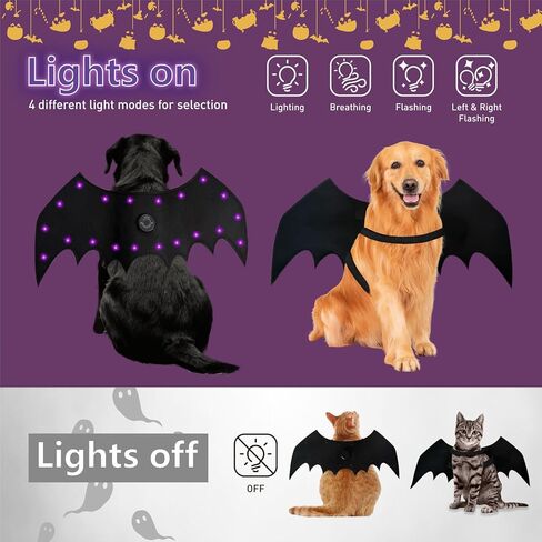 LED BAT Wings للحيوانات الأليفة - أزياء عيد الهالوين مع 20 مصباحًا ، 4 أوضاع ، ملائمة قابلة للتعديل للقطط والكلاب ، مواد ناعمة آمنة لخدعة الحفلات أو العلاج （m）） in Kuwait
