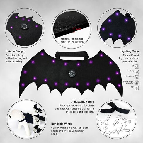 LED BAT Wings للحيوانات الأليفة - أزياء عيد الهالوين مع 20 مصباحًا ، 4 أوضاع ، ملائمة قابلة للتعديل للقطط والكلاب ، مواد ناعمة آمنة لخدعة الحفلات أو العلاج （m）） in Kuwait