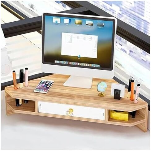 Triangle Monitor Stand Riser - 2-Tier Corner Organizer with Drawer & Pen Holes - Triangular Design for Home & Office - Stylish Natural Wood Monitor Storage Solution in Saudi Arabia