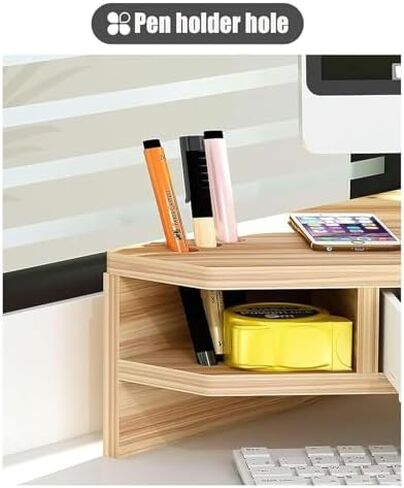 Triangle Monitor Stand Riser - 2-Tier Corner Organizer with Drawer & Pen Holes - Triangular Design for Home & Office - Stylish Natural Wood Monitor Storage Solution in Saudi Arabia