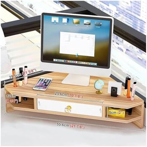 Triangle Monitor Stand Riser - 2-Tier Corner Organizer with Drawer & Pen Holes - Triangular Design for Home & Office - Stylish Natural Wood Monitor Storage Solution in Saudi Arabia