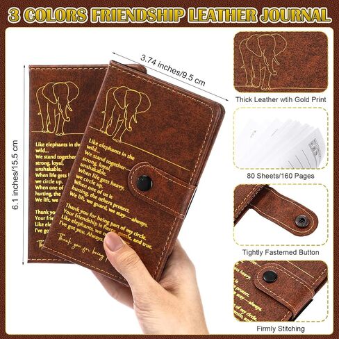 Epakh 16 PCS Feephant Friendship Gift A6 Leather Journal with Elephant Sign Perpoint Pen Pen Friends يقدم هدية طويلة لمسافات طويلة لطالب عيد الشكر (أسود) in Kuwait