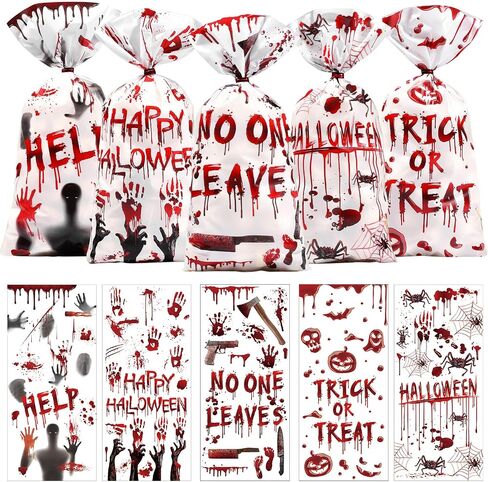 Pajean 150 Pcs Halloween Cellophane Bags Halloween Candy Treat Bag Pumpkin Handprint Skull Spider Web Patterned Plastic Wrap Gift Bag for Splatter Party Favors Supplies(Skull Style) in Saudi Arabia