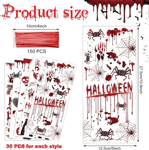 Pajean 150 Pcs Halloween Cellophane Bags Halloween Candy Treat Bag Pumpkin Handprint Skull Spider Web Patterned Plastic Wrap Gift Bag for Splatter Party Favors Supplies(Skull Style) in Saudi Arabia